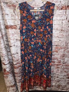 Temofon Navy Floral Maxi Dress with Coral & Teal Accents